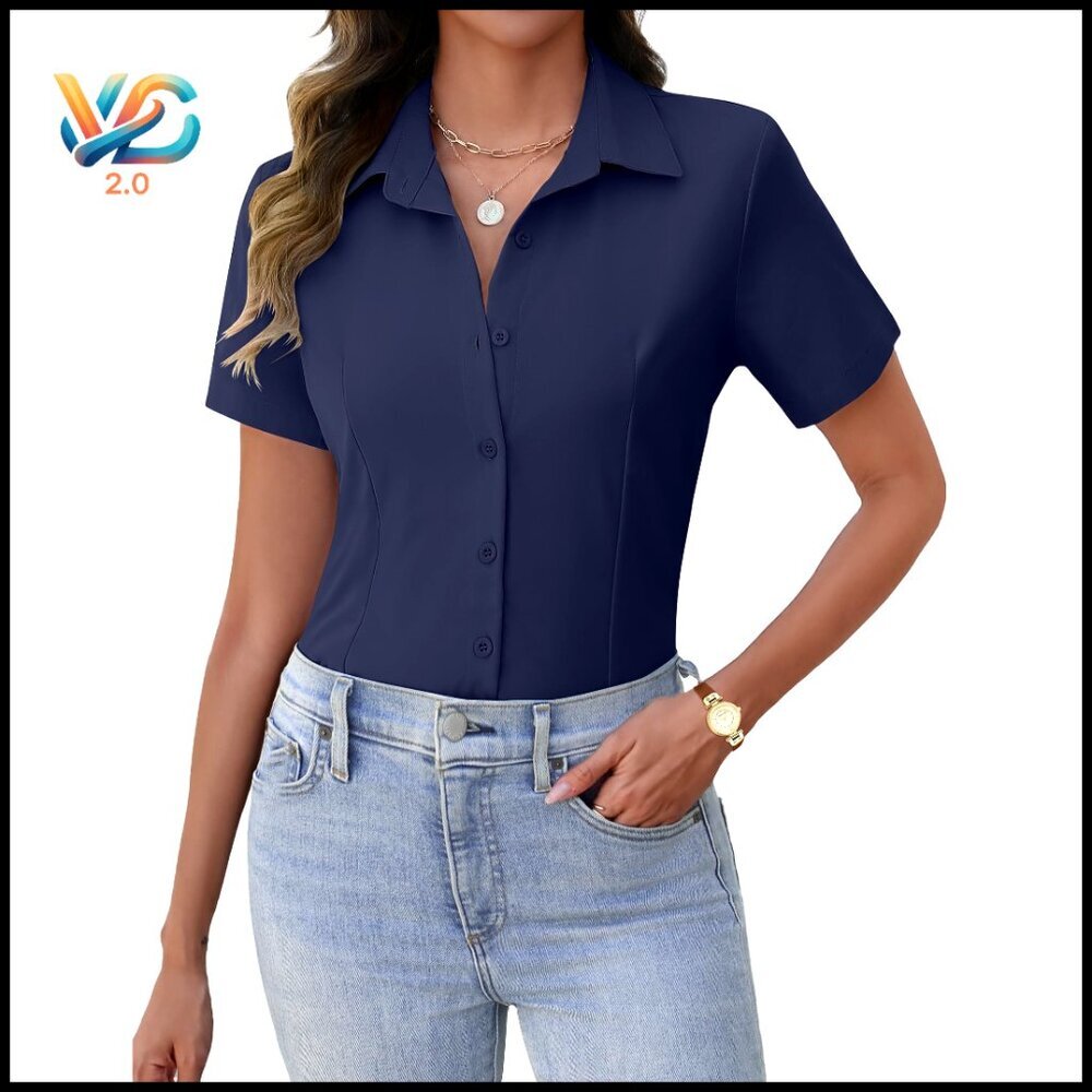 Short Sleeve Button Down Blouse Business Casual Work Shirt Polyester